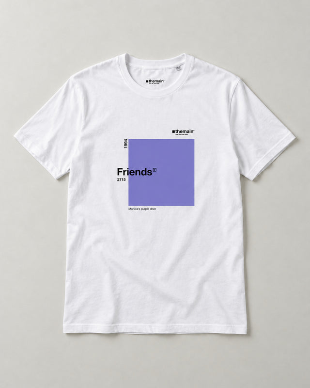 Camiseta blanca Friends de TheMainColor extendida, con estampado morado
